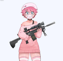 Rule 34 | 1boy, absurdres, bright pupils, choker, cowboy shot, grey eyes, gun, hair ornament, hairclip, hat, highres, holding, holding gun, holding weapon, looking at viewer, male focus, mask, mouth mask, off-shoulder sweater, off shoulder, original, pink hair, pink sweater, pink thighhighs, print mask, short hair, simple background, sky guy art, sleeves past wrists, solo, striped clothes, striped thighhighs, sweater, thighhighs, trap, weapon, white background, white pupils
