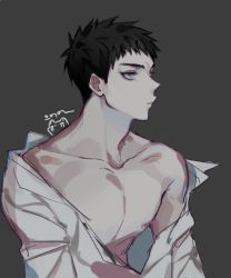 Rule 34 | 1boy, black hair, blue eyes, closed mouth, collarbone, commentary request, eyebrows, frown, grey background, groo29, kasamatsu yukio, kuroko no basuke, male focus, nipples, partially undressed, pectorals, shirt, short hair, solo, toned, toned male, white shirt