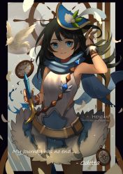 Rule 34 | 1girl, animal, armpits, artist name, bare shoulders, belt, bird, black border, black hair, blue eyes, blue hat, blue scarf, blurry, border, breasts, character name, commentary, cowboy shot, dragalia lost, dress, english commentary, feathers, floating hair, half updo, hand up, hat, hentaki, highres, long hair, looking at viewer, odetta (dragalia lost), parted lips, patreon username, scarf, sidelocks, sleeveless, sleeveless dress, small breasts, smile, solo, sparkle, standing, steering wheel, sword, weapon, white dress