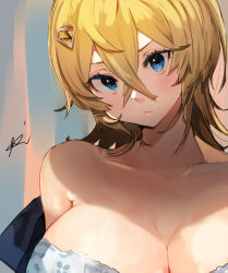 Rule 34 | 1girl, blonde hair, blue eyes, blue jacket, bra, breasts, cleavage, closed mouth, hair ornament, hairpin, highres, jacket, kantai collection, large breasts, long hair, looking at viewer, off shoulder, portrait, simple background, solo, sunday aki, tuscaloosa (kancolle), underwear