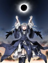 Rule 34 | 00s, 1girl, arms up, boots, doll joints, dress, eclipse, hairband, joints, kakashichi, knee boots, long hair, pink eyes, rozen maiden, silver hair, solar eclipse, solo, suigintou, wings