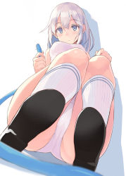 Rule 34 | 1girl, ass, bad id, bad pixiv id, bare shoulders, black footwear, blue eyes, blush, breasts, closed mouth, hair between eyes, highres, hose, kekemotsu, large breasts, long hair, looking at viewer, one-piece swimsuit, original, school swimsuit, simple background, socks, solo, squatting, swimsuit, thighs, white background, white hair, white one-piece swimsuit, white socks