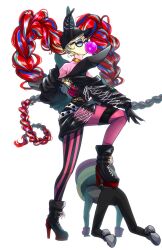 Rule 34 | 1girl, baseball cap, blowing bubbles, celestine (persona 5), celestine (persona 5) (cosplay), chewing gum, cosplay, hand on own knee, hat, high heels, highres, jacket, long hair, looking at viewer, multicolored hair, pancakesorting, persona, persona 5, persona 5 the royal, stepped on, sunglasses, takamaki anne, twintails, very long hair, white background