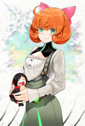 Rule 34 | 1girl, ^ ^, ahoge, bow, character doll, chibi, closed eyes, curly hair, doll, freckles, frilled shirt, frills, green eyes, green skirt, hair bow, highres, holding, holding doll, long sleeves, looking at viewer, neon trim, open mouth, orange hair, penny polendina, pink bow, red hair, ruby rose, rwby, shirt, short hair, skirt, smile, suspender skirt, suspenders, swept bangs, tokiti