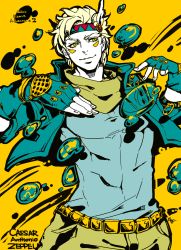 Rule 34 | 1boy, battle tendency, belt, blonde hair, bubble, caesar anthonio zeppeli, character name, cropped jacket, facial mark, feather hair ornament, feathers, fingerless gloves, gloves, green eyes, green jacket, hair ornament, headband, highres, jacket, jojo no kimyou na bouken, male focus, plus08 (tasuhachi), ribbon, scarf, solo, yellow background