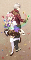 Rule 34 | 1boy, 1girl, apple, atelier (series), atelier escha &amp; logy, back-to-back, black pants, bone, bracelet, brown background, brown footwear, brown skirt, commentary request, escha malier, feathers, fingerless gloves, floating, floating object, flower, food, fruit, full body, gem, gloves, green eyes, hand up, hat, highres, jacket, jewelry, logix ficsario, long hair, long sleeves, looking at viewer, looking back, mini hat, open mouth, pants, pear, pink hair, rainbow, red apple, red flower, red jacket, shirt, shoes, short hair, skirt, smile, standing, standing on one leg, thighhighs, twintails, unya (unya-unya), white flower, white hair, white hat, white shirt, white thighhighs, yellow eyes