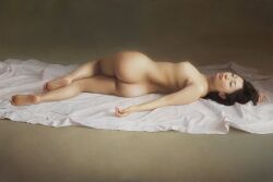 Rule 34 | 1girl, ass, ass focus, back, black hair, completely nude, curvy, from behind, full body, highres, looking at viewer, nipples, nude, oil painting (medium), original, painting (medium), realistic, shadow, solo, thighs, traditional media, uno kazuhiro, wide hips