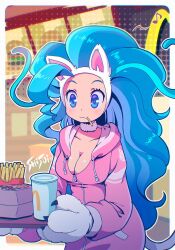 Rule 34 | 1girl, :3, animal ears, animal hands, big hair, blue eyes, blue hair, breasts, cat ears, cat girl, cat tail, claws, cleavage, felicia (vampire), food, french fries, holding, holding tray, hood, hooded jacket, jacket, long hair, mcdonald&#039;s, medium breasts, shisui, solo, tail, tray, vampire (game)