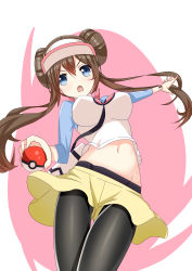 Rule 34 | &gt;:o, 1girl, :o, absurdres, blue eyes, breasts, brown hair, creatures (company), double bun, frilled skirt, frills, game freak, hair bun, hat, highres, legs, long sleeves, looking at viewer, midriff, navel, nintendo, open mouth, pantyhose, poke ball, pokemon, pokemon bw2, rosa (pokemon), shirt, skirt, solo, twintails, v-shaped eyebrows, visor cap