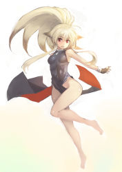 Rule 34 | 1girl, animal ears, barefoot, black dress, blonde hair, breasts, dress, fingerless gloves, fox ears, full body, gloves, highres, johan (johan13), jumping, legs, long hair, looking at viewer, namco x capcom, no panties, open mouth, ponytail, project x zone, red eyes, sketch, sleeveless, sleeveless dress, small breasts, smile, solo, very long hair, white background, wind, wind lift, xiaomu
