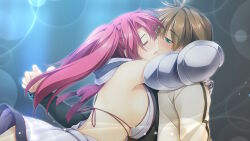 Rule 34 | 1boy, 1girl, alto travers, arms around neck, atelier-moo, back, bare shoulders, bikini, blush, breasts, brown hair, closed eyes, detached sleeves, embarrassed, green eyes, hair between eyes, half-closed eyes, hug, large breasts, long hair, long sleeves, miniskirt, open mouth, red hair, short hair, side ponytail, sideboob, skirt, spica celest, swimsuit, wizards symphony