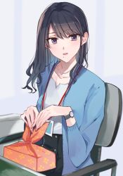 Rule 34 | 1girl, bead necklace, beads, bento, black hair, blue jacket, breasts, collarbone, desk, high-waist skirt, highres, idolmaster, idolmaster shiny colors, jacket, jewelry, kazano hiori, lanyard, looking at viewer, mole, mole under mouth, nasu bacon, necklace, office, office lady, aged up, on chair, simple background, sitting, skirt, small breasts, upper body, watch, wavy hair, wristwatch