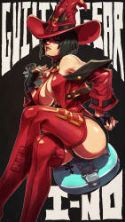Rule 34 | 1girl, absurdres, black gloves, black hair, black panties, blue eyes, bob cut, boots, breasts, character name, cleavage, collar, commentary, copyright name, crossed legs, english commentary, fingerless gloves, fingernails, gloves, guilty gear, guilty gear xrd, guilty gear xx, guitar, hat, heterochromia, highres, i-no, instrument, invisible chair, large breasts, lips, living clothes, long fingernails, looking at viewer, mole, mole above mouth, monori rogue, nail polish, no bra, nose, o-ring, o-ring top, panties, pantyshot, red footwear, red hat, red nails, revealing clothes, short hair, sitting, solo, thigh boots, thighhighs, underboob, underwear, witch hat, yellow eyes