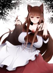 Rule 34 | 1girl, animal ears, arano oki, blush, breasts, brooch, brown hair, dress, highres, imaizumi kagerou, impossible clothes, jewelry, large breasts, long hair, long sleeves, naughty face, red eyes, smile, solo, tail, tail grab, touhou, wolf ears, wolf tail