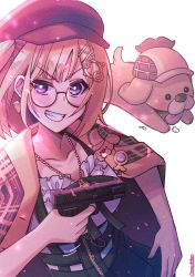 Rule 34 | 021 shiro, absurdres, blonde hair, blue eyes, bubba (watson amelia), glasses, grin, gun, hair ornament, handgun, hat, highres, holding, holding gun, holding weapon, hololive, hololive english, jewelry, looking at viewer, necklace, pistol, round eyewear, smile, twitter username, v-shaped eyebrows, virtual youtuber, watson amelia, watson amelia (street casual), weapon