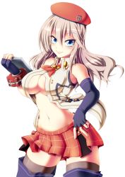 Rule 34 | 10s, 1girl, alisa ilinichina amiella, bare shoulders, blue eyes, breasts, cowboy shot, elbow gloves, fingerless gloves, gloves, god eater, hair between eyes, hand on own hip, hat, large breasts, long hair, midriff, navel, plaid, plaid skirt, red hat, revealing clothes, semikichi, skirt, solo, suspender skirt, suspenders, thighhighs, underboob, zettai ryouiki