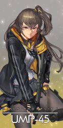 Rule 34 | 1girl, absurdres, ammunition pouch, armband, black gloves, black jacket, black pantyhose, black ribbon, brown eyes, brown hair, buckle, buttons, character name, cowboy shot, daeno, exoskeleton, fingerless gloves, girls&#039; frontline, gloves, grenade pin, gun, h&amp;k ump, h&amp;k ump, hair ornament, heckler &amp; koch, highres, holding, holding gun, holding weapon, holster, hood, hooded jacket, jacket, knee pads, leg up, light particles, long hair, looking at viewer, mouth hold, neck ribbon, one side up, pantyhose, parted lips, pouch, ribbon, scar, scar across eye, scar on face, scarf, shirt, silver hair, skirt, smile, smoke grenade, solo, standing, strap, submachine gun, suppressor, thigh strap, thighhighs, trigger discipline, ump45 (girls&#039; frontline), vertical forward grip, weapon, white shirt