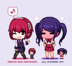 Rule 34 | 2girls, bad id, bad pixiv id, bartender, blush, bow, bowtie, character age, character name, chibi, closed eyes, cosplay, costume switch, dorothy haze, embarrassed, english text, grey background, jill stingray, lowres, multiple girls, necktie, one eye closed, pantyhose, pixel art, purple hair, red hair, standing, twintails, va-11 hall-a, wavy mouth, yuyukong