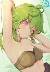 Rule 34 | 1girl, arm up, armpits, bandeau, bathing, blush, breasts, brown bandeau, cleavage, clothed bath, collei (genshin impact), earrings, genshin impact, green hair, hair between eyes, hydro symbol (genshin impact), jewelry, long hair, medium breasts, parted lips, pink hair, showering, sidelocks, single earring, solo, strapless, tomamatto, upper body, wet, wet hair