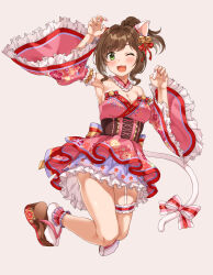 Rule 34 | 1girl, :3, animal ears, armpits, bare shoulders, bell, blush, bow, breasts, brown corset, brown hair, cat ears, cat tail, claw pose, cleavage, collar, corset, detached collar, detached sleeves, dot nose, dress, dress bow, ear bell, fake animal ears, fake tail, fang, floral print sleeves, frilled collar, frilled dress, frilled skirt, frilled sleeves, frills, full body, garter straps, green eyes, hair bow, hair ribbon, hands up, highres, idolmaster, idolmaster cinderella girls, idolmaster cinderella girls starlight stage, jingle bell, jumping, kimono dress, large breasts, layered skirt, long sleeves, looking at viewer, maekawa miku, miniskirt, nail polish, one eye closed, open mouth, pink background, pink collar, pink dress, pink ribbon, red ribbon, ribbon, sandals, short hair, simple background, single garter strap, sirurabbit, skirt, smile, solo, strapless, strapless dress, tabi, tail, tail ornament, tail ribbon, thigh strap, two-tone footwear, two-tone nails, underbust, wide sleeves, zouri