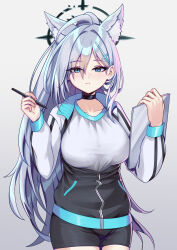 Rule 34 | 1girl, alternate costume, animal ear fluff, animal ears, black choker, blue archive, blue eyes, broken halo, choker, clipboard, collarbone, commentary request, dual wielding, extra ears, flareza, grey hair, gym shirt, gym shorts, gym uniform, hair between eyes, halo, highres, holding, holding clipboard, holding pen, jacket, long hair, long sleeves, looking at viewer, mismatched pupils, open clothes, open jacket, pen, shiroko (blue archive), shiroko terror (blue archive), shirt, shorts, sidelocks, simple background, solo, track jacket, white background, wolf ears, wolf girl