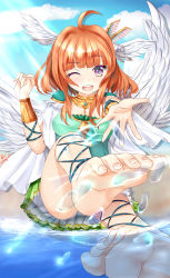 Rule 34 | 1girl, :d, ahoge, angel wings, artist request, barefoot, blue sky, blunt bangs, bracelet, character request, cloud, colored eyelashes, copyright request, feet, foot focus, frilled skirt, frills, green skirt, highres, jewelry, long hair, looking at viewer, no shoes, one eye closed, open mouth, orange hair, pink eyes, reaching, reaching towards viewer, skirt, sky, smile, soles, solo, splashing, toes, water, wings, wink