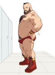 Rule 34 | 1boy, abs, absurdres, bara, bare pectorals, beard, briefs, bulge, chest hair, facial hair, from side, highres, large pectorals, locker, locker room, looking at viewer, male focus, male pubic hair, male underwear, mature male, mohawk, muscular, muscular male, mustache, navel, navel hair, nipples, pectorals, penis, penis peek, pubic hair, red male underwear, ryker, scar, scar on arm, scar on leg, shoes, short hair, solo, stomach, street fighter, thick thighs, thighs, underwear, undressing, wrestling outfit, zangief
