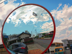 Rule 34 | car, chain-link fence, cloud, day, doraemon, doraemon (character), fence, flying, highres, house, mazda, mazda demio, mirror, motor vehicle, no humans, reflection, road, ryoun, sky, street, traffic mirror, vanishing point, vehicle