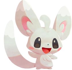 Rule 34 | arm up, artist request, black sclera, blush, blush stickers, colored sclera, creatures (company), full body, game freak, gen 5 pokemon, happy, looking up, minccino, nintendo, no humans, official art, open mouth, pokemon, pokemon (creature), pokemon cafe remix, simple background, smile, solo, standing, transparent background, white eyes