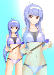 Rule 34 | 1girl, bare shoulders, bikini, blue hair, blunt bangs, breasts, cleavage, collarbone, gradient background, hairband, highres, holding, kenken, legs, long hair, looking at viewer, navel, quiz magic academy, red eyes, satsuki (quiz magic academy), see-through, smile, solo, standing, swimsuit, wand, zoom layer