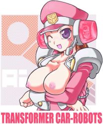 Rule 34 | breast hold, breasts, brown hair, hat, large breasts, one eye closed, purple eyes, t-ai (transformers), tactical artificial intelligence, topless, transformers, uniform, wink