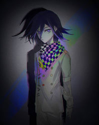 Rule 34 | 1boy, :/, absurdres, arms behind back, black hair, black scarf, buttons, checkered clothes, checkered scarf, cowboy shot, danganronpa (series), danganronpa v3: killing harmony, double-breasted, expressionless, flipped hair, grey background, grey jacket, grey pants, hair between eyes, highres, jacket, long sleeves, male focus, multicolored hair, oma kokichi, pants, pink eyes, pink hair, scarf, solo, very fruity