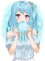 Rule 34 | 1girl, animal, asato (fadeless), bang dream!, blue hair, blue shirt, blush, commentary request, covering own mouth, frilled shirt, frilled sleeves, frills, green ribbon, hair ribbon, holding, holding animal, jellyfish, long hair, looking at viewer, matsubara kanon, one side up, purple eyes, ribbon, shirt, short sleeves, solo, upper body