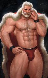 Rule 34 | 1boy, abs, arm hair, bara, beard, briefs, bulge, cape, chest hair, christmas, dopey (dopq), facial hair, feet out of frame, fur-trimmed cape, fur trim, glasses, hairy, highres, large pectorals, leg hair, male focus, male underwear, mature male, muscular, muscular male, mustache, navel, nipples, old, old man, original, pectorals, red male underwear, rimless eyewear, round eyewear, santa costume, short hair, solo, stomach, thick eyebrows, thick thighs, thighs, underwear, underwear only, white hair