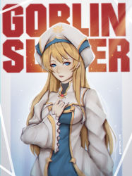 Rule 34 | 10s, 1girl, absurdres, blonde hair, blue eyes, commentary request, dress, facing viewer, goblin slayer!, hand on own chest, hat, high collar, highres, liya nikorov, long hair, long sleeves, looking at viewer, parted lips, priestess (goblin slayer!), solo, standing, white dress, wide sleeves