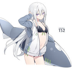 Rule 34 | 1girl, arm up, bikini, black bikini, breasts, closed mouth, cropped legs, front-tie bikini top, front-tie top, highres, inflatable dolphin, inflatable toy, jacket, long hair, looking at viewer, navel, open clothes, open jacket, original, poco (asahi age), purple eyes, raglan sleeves, silver hair, small breasts, solo, stomach, string bikini, swimsuit, thighs, very long hair, white background, white jacket
