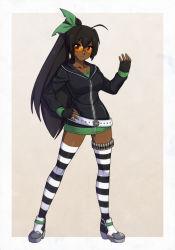 Rule 34 | 1girl, ahoge, ankle boots, bandolier, belt, black hair, boots, borrowed character, bullet, chuunioniika, cyron tanryoku, dark-skinned female, dark skin, earrings, fingerless gloves, full body, glasses, gloves, green nails, hair ribbon, hand on own hip, highres, hood, hoodie, huge ahoge, jewelry, long hair, looking at viewer, miniskirt, nail polish, original, out of frame, outside border, ponytail, red eyes, ribbon, safety glasses, skirt, solo, standing, striped clothes, striped thighhighs, thighhighs, tinted eyewear, very dark skin, yellow-tinted eyewear