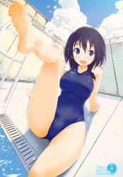 Rule 34 | 1girl, :d, absurdres, artbook, barefoot, blue eyes, cloud, competition swimsuit, day, feet, foot focus, frogman, goggles, unworn goggles, highres, izumi haruka, leg up, nylon (nylon 100%), object in clothes, object in swimsuit, official art, one-piece swimsuit, open mouth, outdoors, pool, pool ladder, poolside, purple hair, reclining, sitting, smile, soaking feet, soles, solo, sparkle, splashing, swimsuit, toes, water, wet