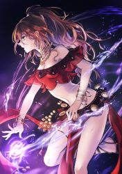 Rule 34 | 1girl, aononchi, bare legs, bracelet, breasts, brown hair, cleavage, cowboy shot, dancer, earrings, green eyes, hairband, highres, hoop earrings, jewelry, long hair, magic, medium breasts, midriff, mole, mole under mouth, navel, necklace, octopath traveler, octopath traveler i, pelvic curtain, ponytail, primrose azelhart, profile, sandals, signature, solo, strapless, thighs, tube top
