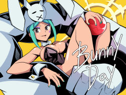 Rule 34 | 1girl, ball, bare shoulders, breasts, cerebella (skullgirls), cleavage, clenched hands, detached collar, english text, green hair, grey hair, highres, holding, holding ball, large breasts, leotard, looking at viewer, pechamaju, playboy bunny, skullgirls, smile, solo, strapless, strapless leotard