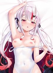 Rule 34 | 1girl, absurdres, armpits, black jacket, blush, breasts, collarbone, covered navel, highres, hololive, horns, jacket, long hair, looking at viewer, lying, multicolored hair, nakiri ayame, nakiri ayame (streetwear), nipples, on back, one-piece swimsuit, oni, open mouth, red eyes, red hair, shimo (shimo332215), skin-covered horns, small breasts, solo, streaked hair, swimsuit, virtual youtuber, white hair, white one-piece swimsuit