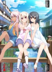 Rule 34 | 3girls, bare arms, bare shoulders, between legs, black hair, blonde hair, blue sky, breasts, brown eyes, building, chloe von einzbern, closed mouth, cloud, collarbone, commentary request, dark-skinned female, dark skin, day, dress, fate/kaleid liner prisma illya, fate (series), grin, hair ornament, hairclip, hand between legs, illyasviel von einzbern, knees, long hair, looking at viewer, miyu edelfelt, multiple girls, official art, outdoors, parted bangs, pink hair, puffy short sleeves, puffy sleeves, purple footwear, red eyes, shirt, shoes, short shorts, short sleeves, shorts, sidelocks, sitting, sky, small breasts, smile, socks, spaghetti strap, teeth, thighs, toes, v, water, white dress, white footwear, white socks, yellow eyes, yellow shirt