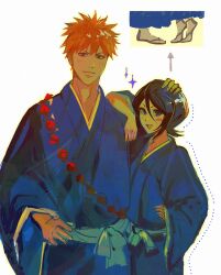 Rule 34 | 1boy, 1girl, arm on another&#039;s shoulder, belt, black hair, black kimono, bleach, blue eyes, blush, breasts, brown eyes, dotted line, feet out of frame, floppydisk7000, hand on another&#039;s head, hand on own hip, height difference, highres, japanese clothes, kimono, kuchiki rukia, kurosaki ichigo, medium breasts, open mouth, orange hair, pink lips, shihakusho, short hair, simple background, smile, spiked hair, teeth, tiptoes, white background, white belt