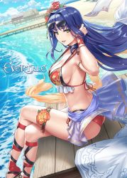 Rule 34 | 1girl, beach, bikini, blue hair, blue sky, blush, breasts, choker, cleavage, cloud, cloudy sky, commentary request, cuboon, day, evertale, eyewear on head, flower, from side, green eyes, hair flower, hair ornament, highres, large breasts, lips, long hair, looking at viewer, ludmilla (evertale), official art, outdoors, parted lips, red bikini, shiny skin, sideboob, simple background, sitting, sky, smile, solo, sunglasses, swimsuit, thigh strap, thighs, water