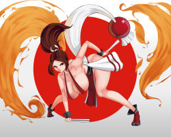 Rule 34 | 1girl, breasts, fatal fury, fire, highres, huge breasts, ponytail, revealing clothes, shiranui mai, solo