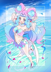 Rule 34 | 1girl, blue eyes, blue hair, blue sky, cloud, cure la mer, day, full body, laura (precure), long hair, looking at viewer, magical girl, midriff, multicolored hair, nail polish, navel, ocean, open mouth, pink eyes, pink hair, precure, rumo, sky, smile, solo, tropical-rouge! precure