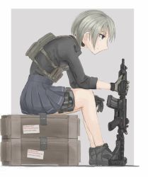 Rule 34 | ankle boots, assault rifle, black footwear, black shirt, blue skirt, boots, combat boots, crate, d-sawa613, expressionless, gloves, green eyes, grey hair, gun, highres, hunched over, original, rifle, shirt, sitting, sitting on object, skirt, slouching, tactical clothes, uniform, weapon