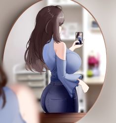 Rule 34 | 1girl, absurdres, ass, bare shoulders, blue pants, blue shirt, breasts, brown hair, cellphone, clothing cutout, curvy, from behind, highres, huge breasts, idolmaster, idolmaster shiny colors, long hair, mirror, nicorima, pants, phone, recursion, reflection, selfie, shirt, shoulder cutout, smartphone, taking picture, tsukioka kogane, wide sleeves