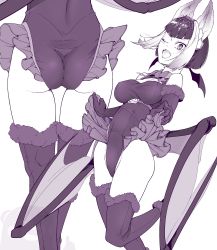 Rule 34 | 1girl, absurdres, animal ears, ass, bare shoulders, bat ears, bat girl, bat wings, blush, bow, bowtie, breasts, cleavage cutout, clothes lift, clothing cutout, commentary request, common vampire bat (kemono friends), cosplay, covered erect nipples, elbow gloves, fangs, feet out of frame, frilled leotard, frills, fur-trimmed gloves, fur-trimmed legwear, fur trim, gloves, groin, head wings, hi you (flying bear), highleg, highleg leotard, highres, higumamon (kemono friends), higumamon (kemono friends) (cosplay), kemono friends, kemono friends 3, kneehighs, leotard, lifted by self, looking at viewer, lower body, medium breasts, medium hair, monochrome, multicolored hair, multiple views, one eye closed, simple background, skin fangs, socks, white background, wings