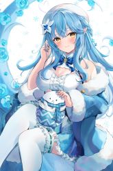 Rule 34 | 1girl, ahoge, bare shoulders, beret, blue bow, blue bowtie, blue coat, blue hair, blue nails, blue skirt, blush, bow, bowtie, braid, breasts, center frills, cleavage, cleavage cutout, closed mouth, clothing cutout, coat, colored tips, daifuku (yukihana lamy), elf, feet out of frame, flower, frilled shirt, frilled skirt, frilled thighhighs, frills, fur-trimmed coat, fur trim, hair flower, hair ornament, half updo, hand in own hair, hat, heart, heart ahoge, highres, hololive, ibuki sho, large breasts, light blue hair, long hair, looking at viewer, multicolored hair, nail polish, off shoulder, open clothes, open coat, plaid, plaid bow, pointy ears, shirt, sidelocks, skirt, sleeveless, sleeveless shirt, snowflake print, snowflakes, solo, streaked hair, thighhighs, virtual youtuber, white hat, white shirt, white thighhighs, yellow eyes, yukihana lamy